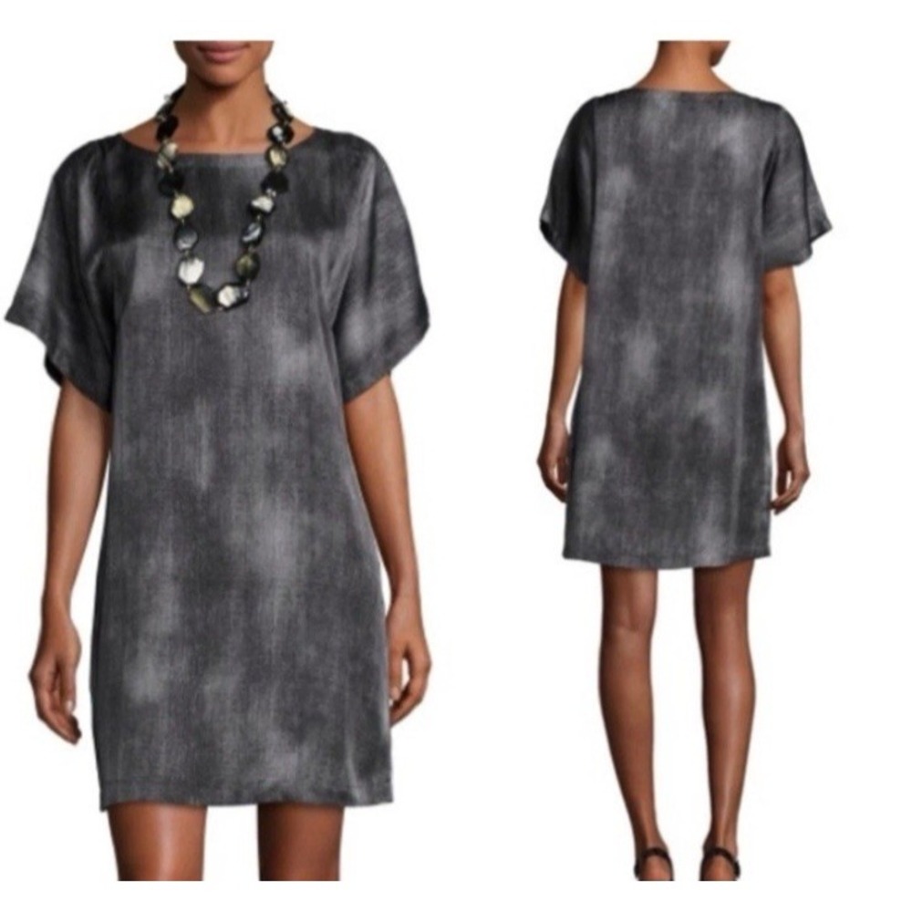 Eileen Fisher Womens S Gray Silk Blend Shift Dress Boat Neck Kimono Sleeve